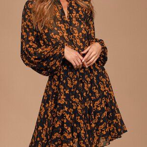 Lulus Sashay My Way Black Floral Print Long Sleeve Mini Dress - Size S